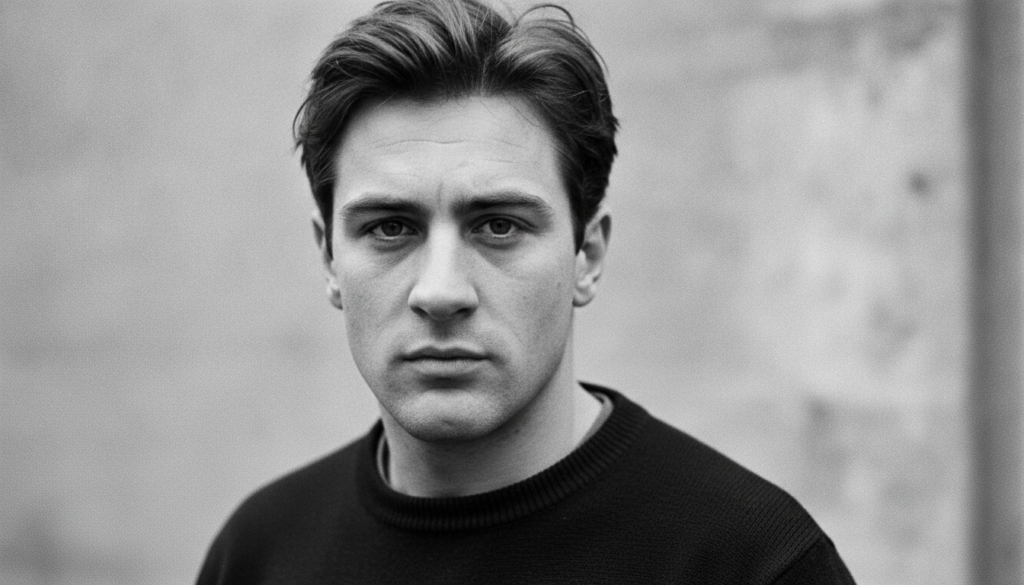 A black and white portrait of a young Robert De Niro perhaps in his late teens or early twenties looking directly at the