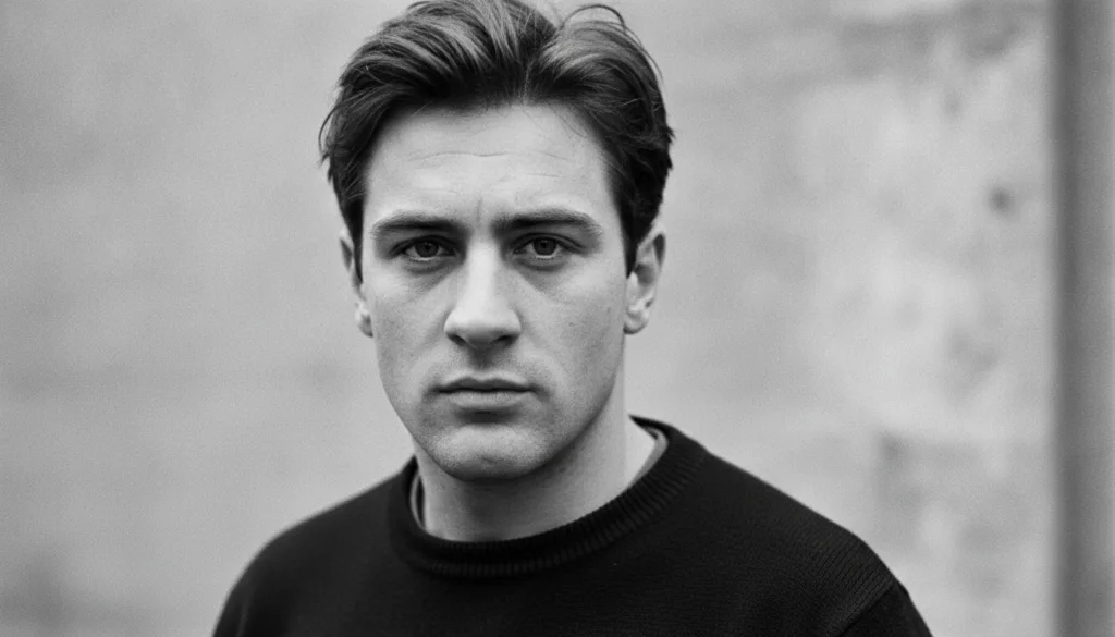 A black and white portrait of a young Robert De Niro perhaps in his late teens or early twenties looking directly at the