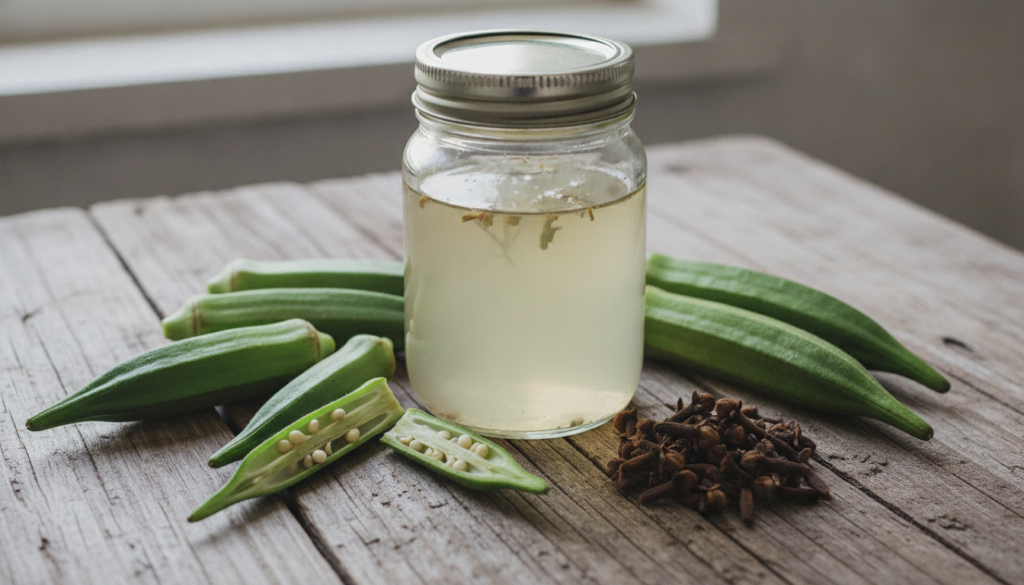 A close-up shot of fresh okra pods and dried cloves beside a glass jar containing a natural infusion