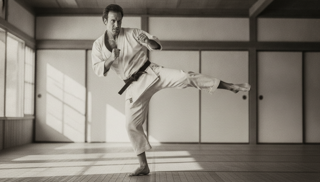 Archival photo of Chuck Norris performing a martial arts kick or pose in a dojo or training setting