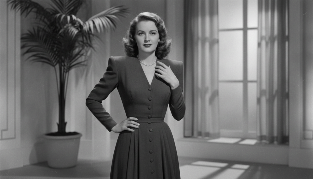 A vintage publicity photo of Joan Crawford in a stylish outfit demonstrating her iconic fashion sense with broad shoulde