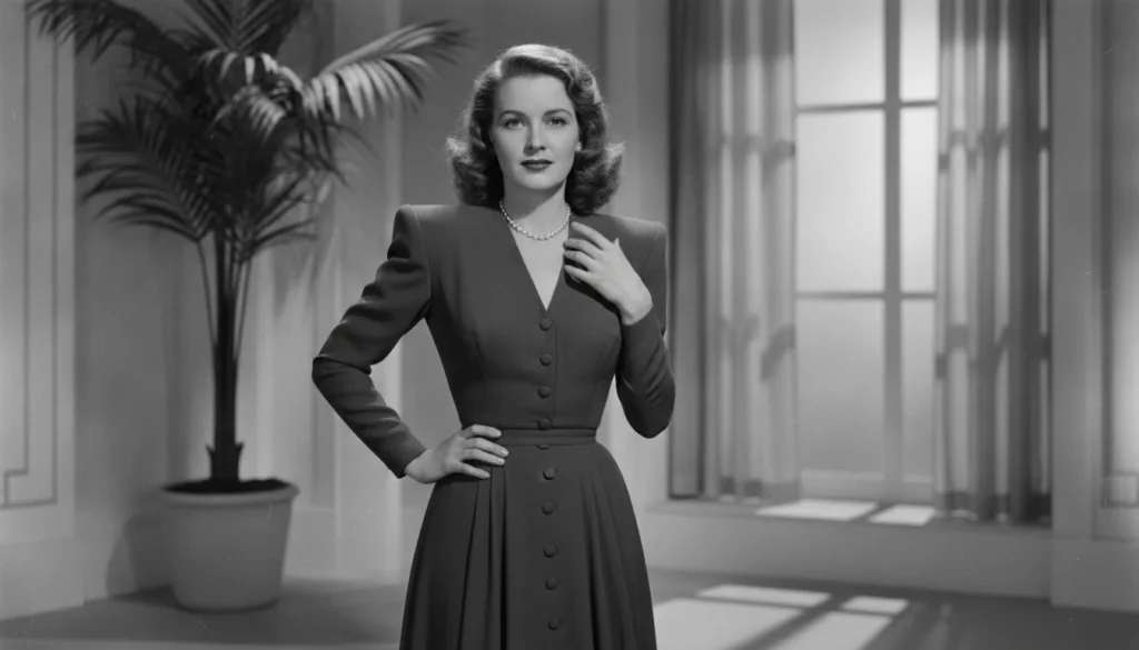 A vintage publicity photo of Joan Crawford in a stylish outfit demonstrating her iconic fashion sense with broad shoulde