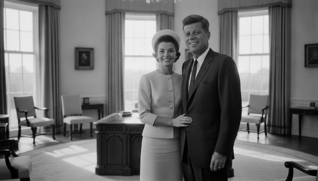 Historic photo of John F Kennedy and Jacqueline Kennedy together smiling from their time in the White House
