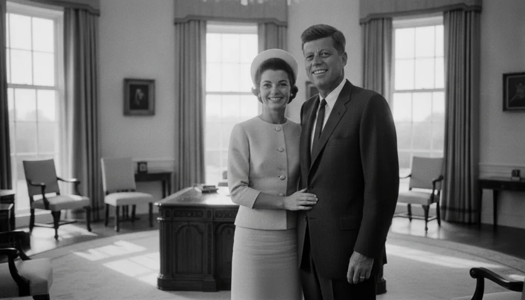 Historic photo of John F Kennedy and Jacqueline Kennedy together smiling from their time in the White House