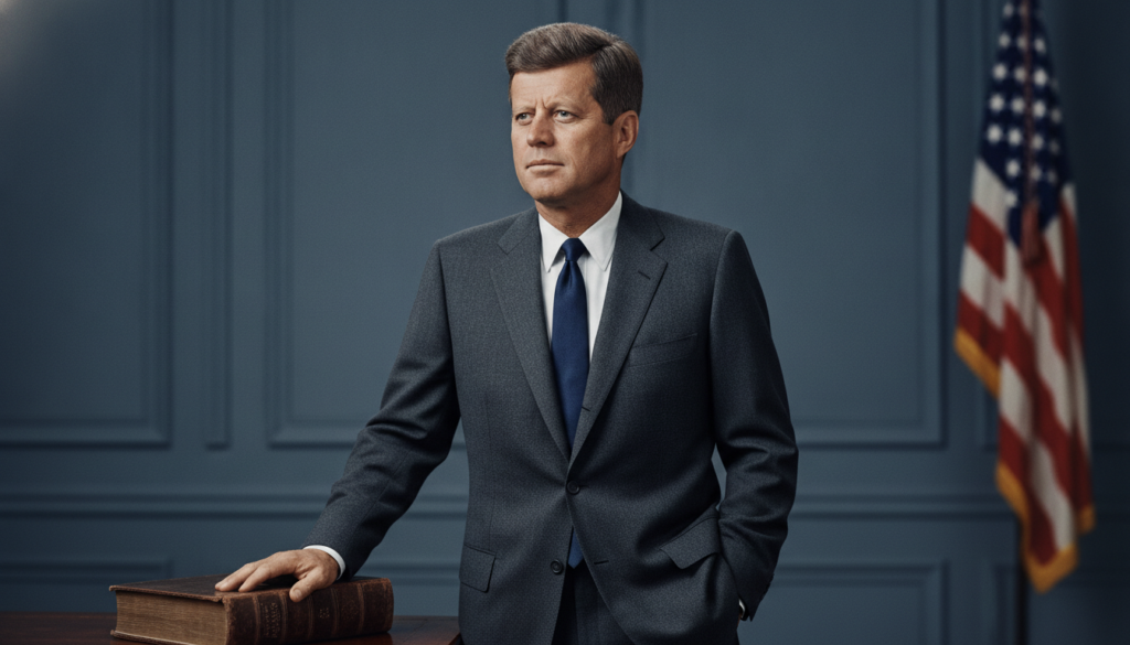 Official presidential portrait of John F Kennedy looking thoughtful and determined