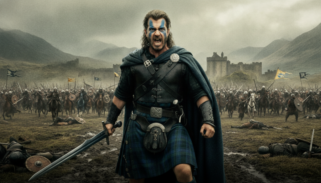 A real movie poster for Braveheart featuring Mel Gibson in character as William Wallace