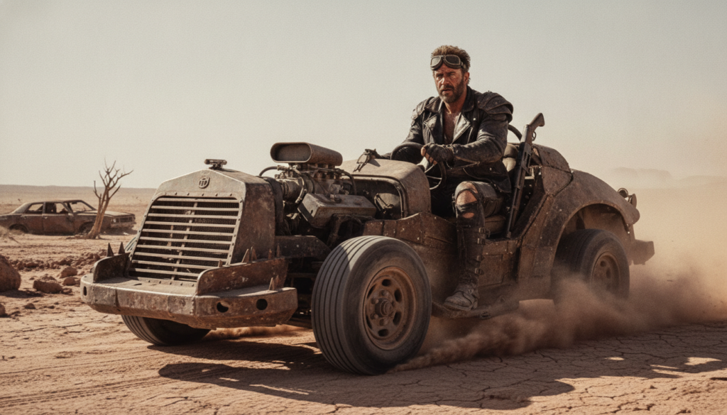 A real film still of Mel Gibson as Mad Max driving a modified car in a desolate landscape