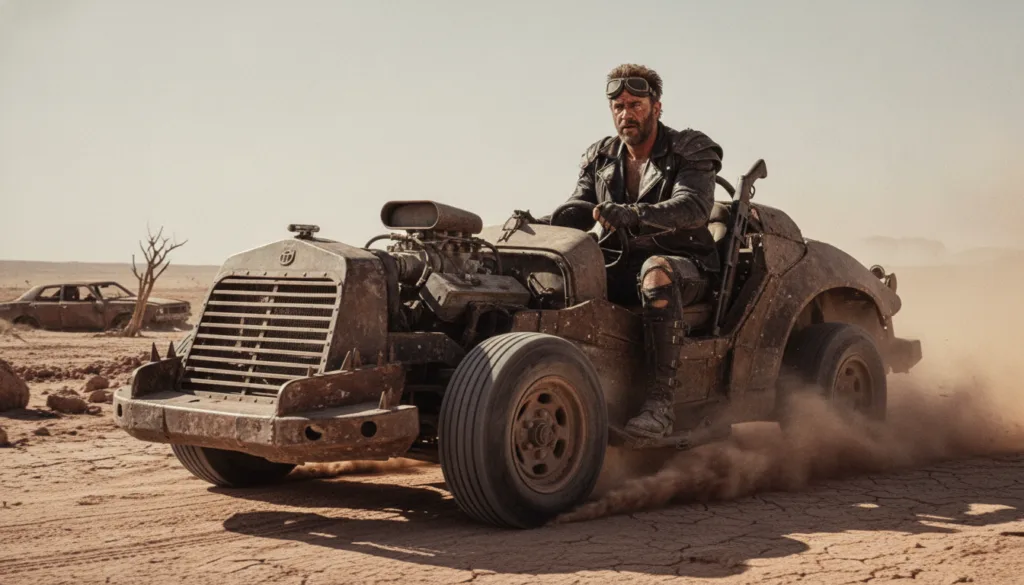 A real film still of Mel Gibson as Mad Max driving a modified car in a desolate landscape