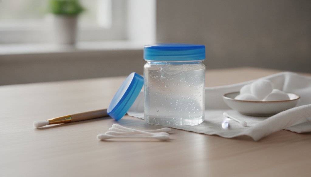 A jar of Vaseline petroleum jelly surrounded by various natural beauty items like a cotton swab a small dish and a gentl
