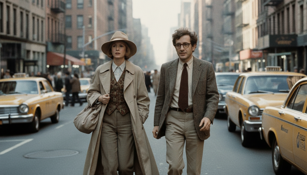 A real movie still from the film Annie Hall 1977 featuring Diane Keaton and Woody Allen showing her character s iconic f