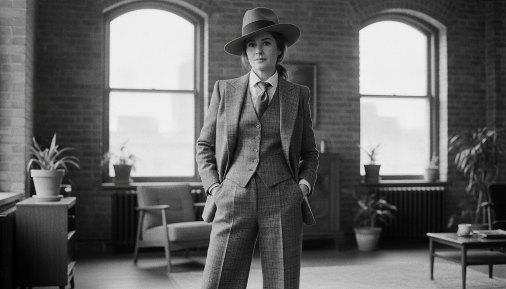 A black and white archival photo of Diane Keaton from the 1970s showcasing her distinctive tailored style possibly weari