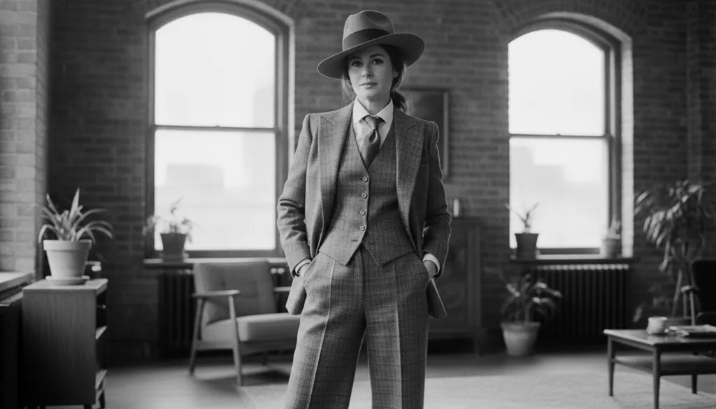 A black and white archival photo of Diane Keaton from the 1970s showcasing her distinctive tailored style possibly weari