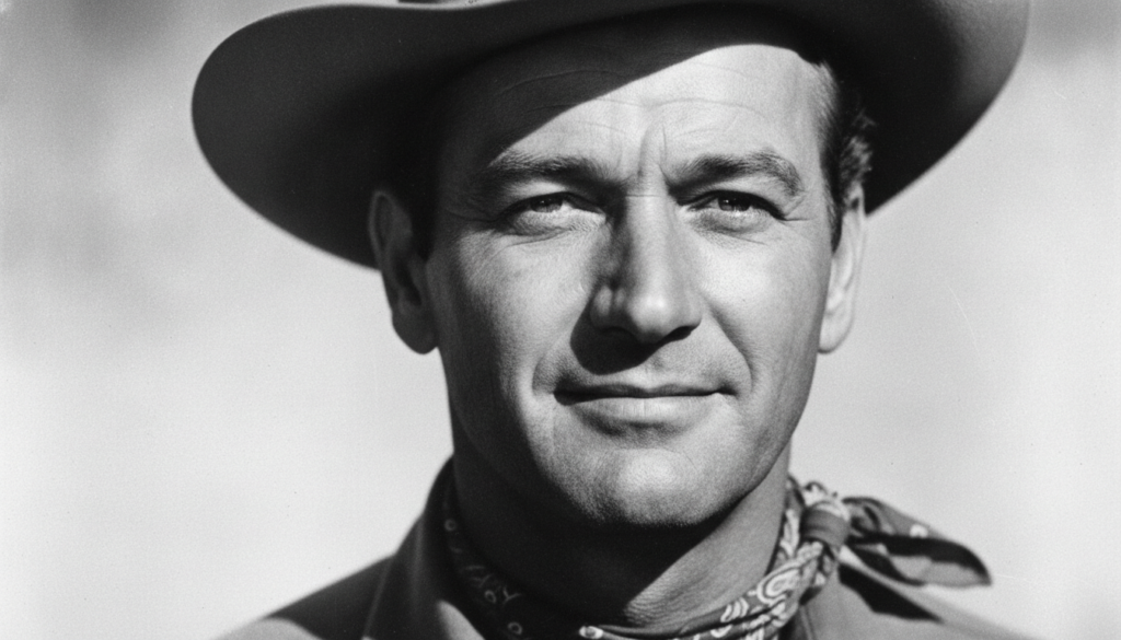 A real archival publicity photo of John Wayne from the mid-20th century focusing on his face and characteristic expressi