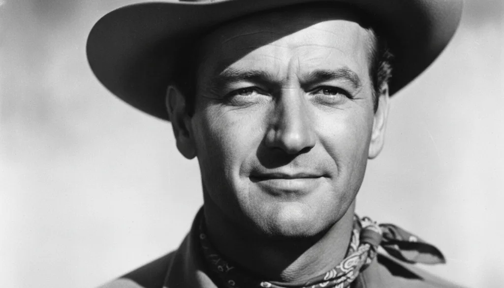 A real archival publicity photo of John Wayne from the mid-20th century focusing on his face and characteristic expressi