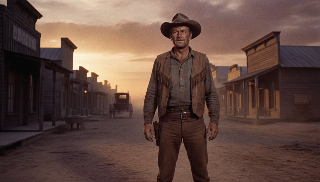 A real film still of John Wayne in a classic Western setting perhaps riding a horse or in a saloon embodying his iconic 