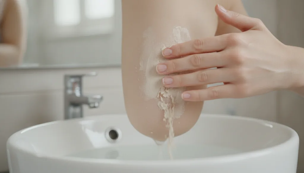A person s hand gently scrubbing off a dried light-colored mask from their underarm in circular motions over a sink show
