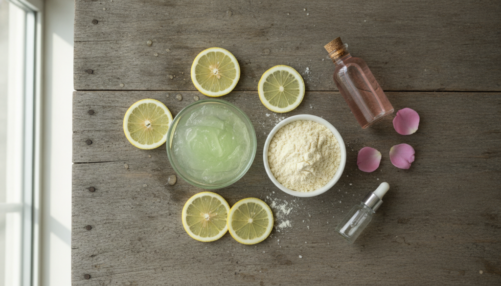 A flat lay of the DIY underarm mask ingredients aloe vera gel in a small bowl a pile of gram flour a sliced lemon and a