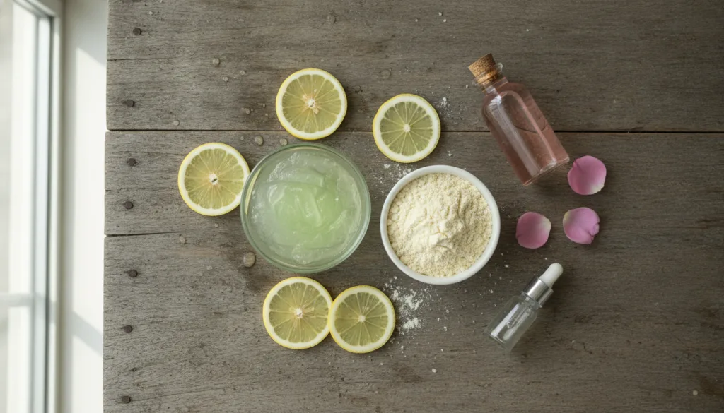 A flat lay of the DIY underarm mask ingredients aloe vera gel in a small bowl a pile of gram flour a sliced lemon and a