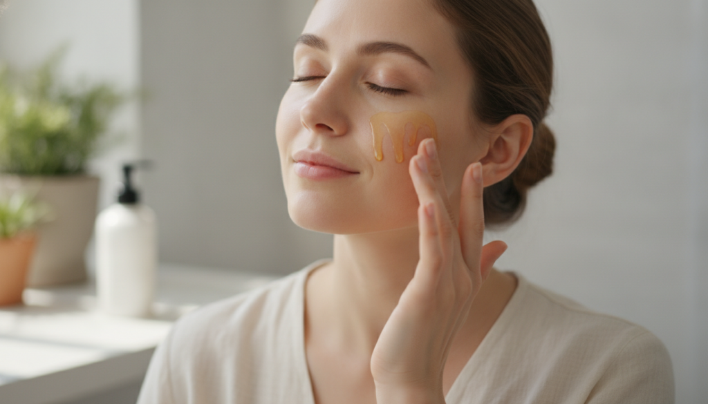 A woman gently massaging a few drops of facial oil onto her clean face and neck with her fingertips showing a close-up o