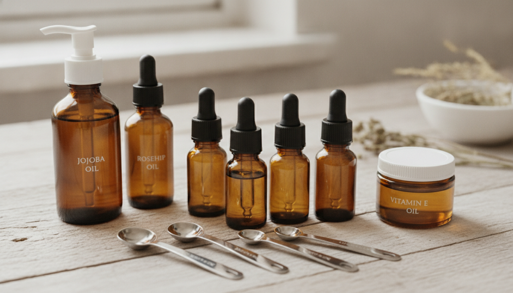 Various small amber glass bottles and measuring spoons along with bottles of jojoba oil rosehip oil and vitamin E oil on