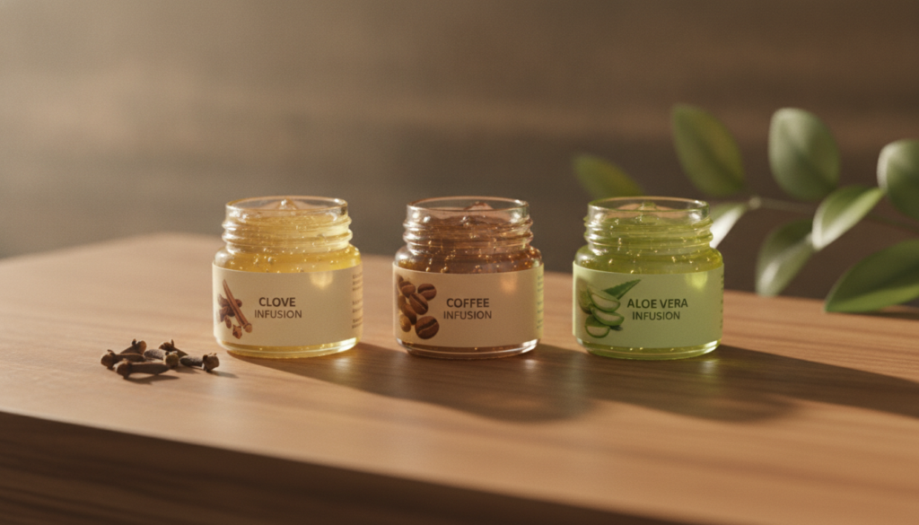 A trio of small Vaseline Jelly jars each with a label indicating a natural infusion Clove Coffee and Aloe Vera The jars 
