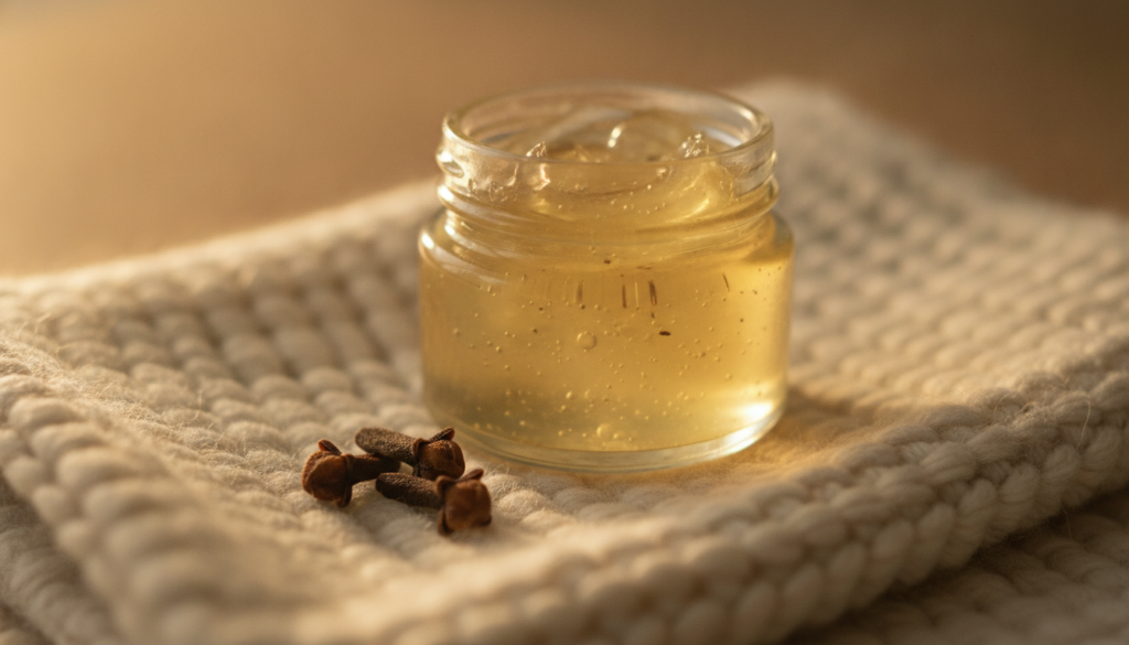 A small open jar of Vaseline Jelly infused with clove placed next to a few whole cloves on a soft textured fabric with a