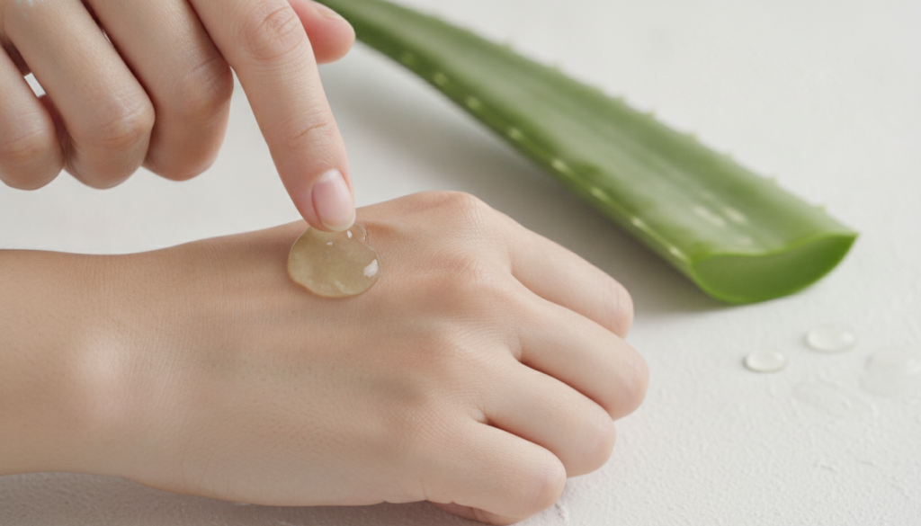A hand gently applying a small amount of aloe vera infused Vaseline Jelly to the back of another hand showing smooth hyd