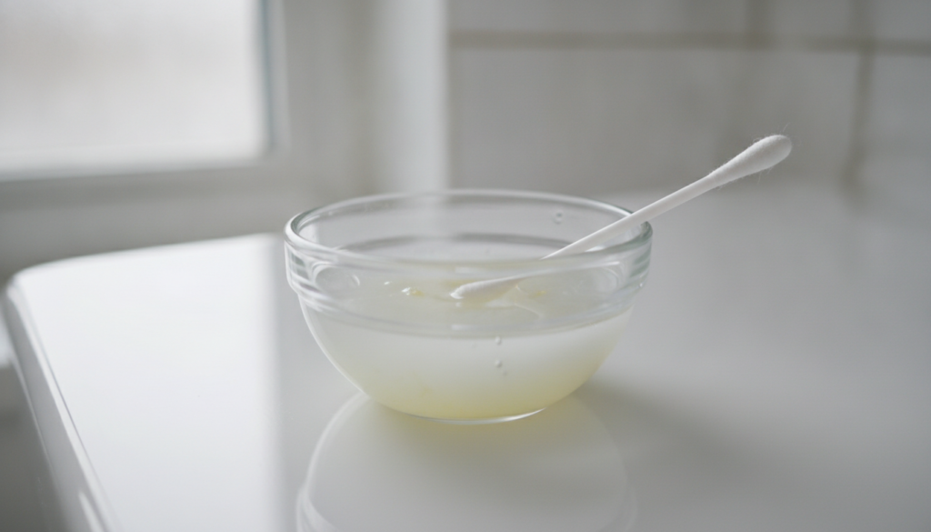 A close-up of a small bowl containing a mixture of baby oil and lemon juice with a cotton swab dipping into it against a