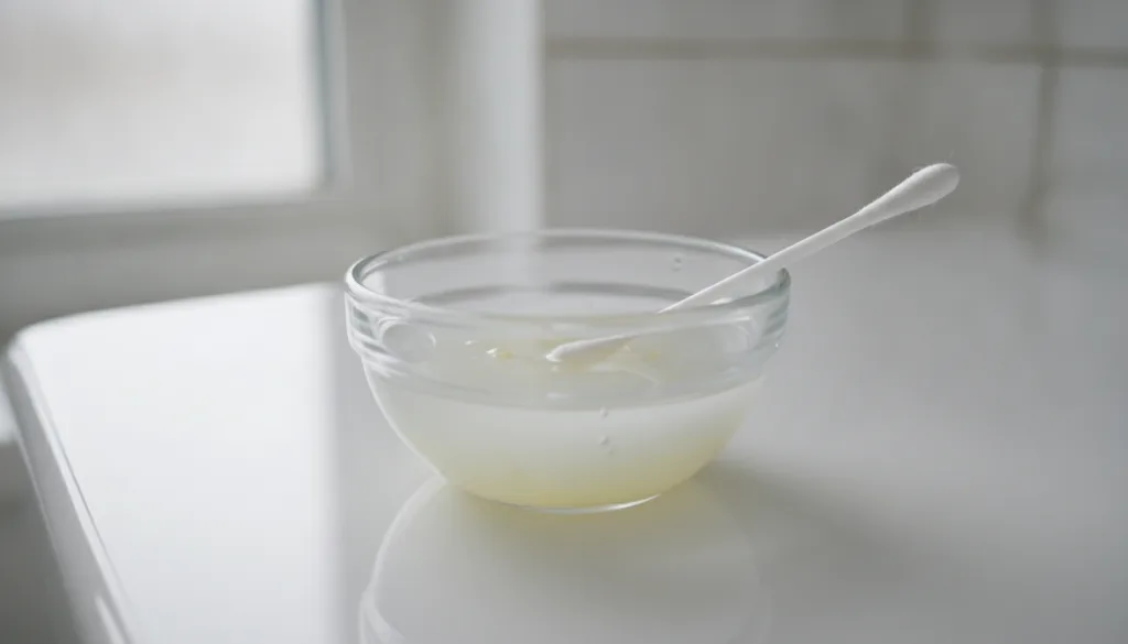 A close-up of a small bowl containing a mixture of baby oil and lemon juice with a cotton swab dipping into it against a