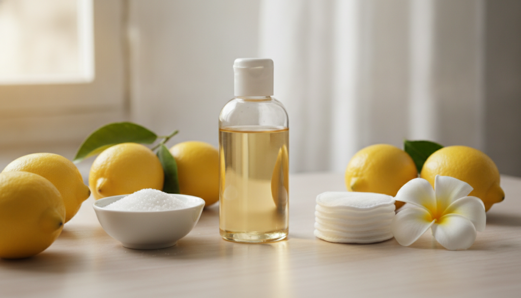 A bottle of baby oil surrounded by natural ingredients like lemon sugar and cotton pads arranged on a light wooden surfa