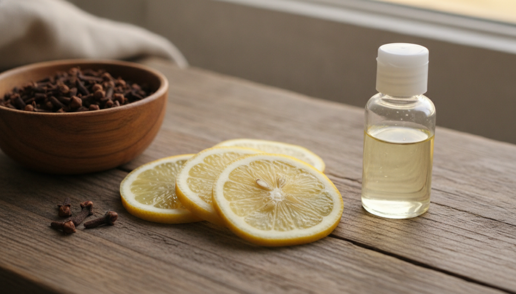 A close-up shot of the ingredients for the homemade serum fresh lemon slices whole cloves in a small bowl and a bottle o