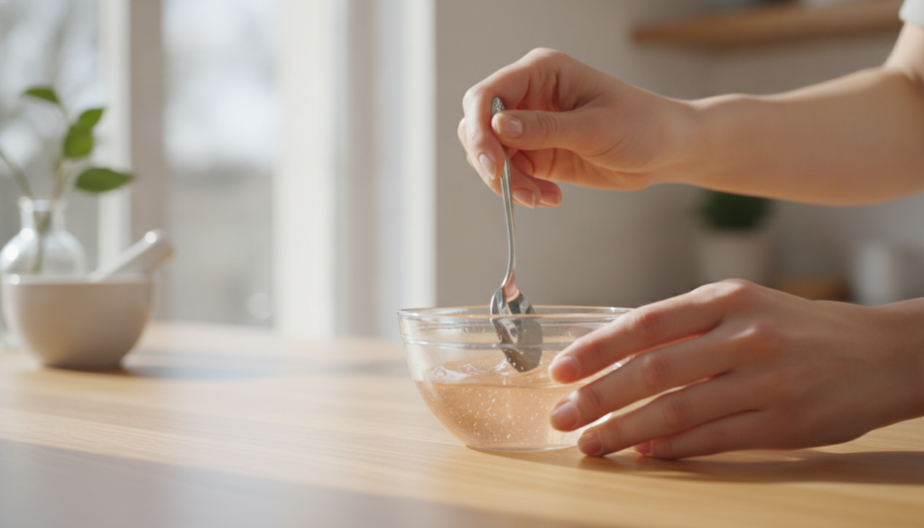 Hands mixing the three ingredients in a small glass bowl showing the texture of the serum being formed The mixing proces