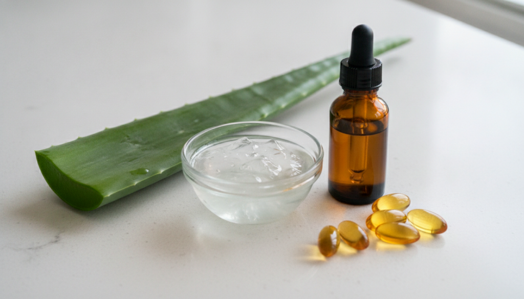 Close-up shot of the three ingredients a fresh aloe vera leaf and a small bowl of aloe vera gel a dropper bottle of rose