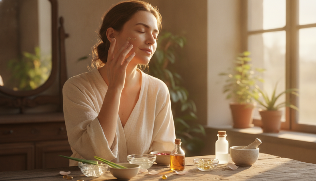 A woman applying a homemade face serum or cream to her face at night with natural ingredients like aloe vera rosehip oil
