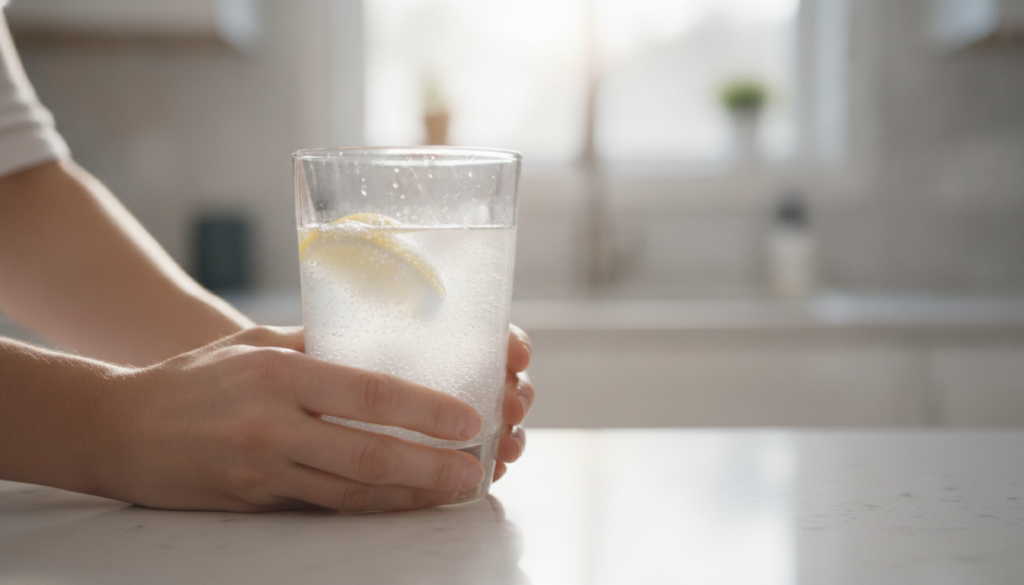 A person s hands holding a glass of freshly prepared lemon and baking soda water ready to drink with a bright clean back