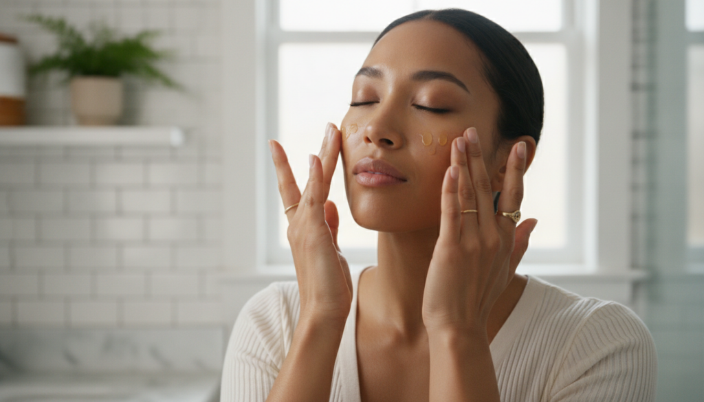 A woman gently massaging a few drops of homemade facial oil onto her clean face