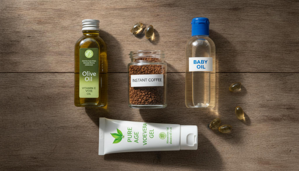 Various ingredients for the beauty blend laid out instant coffee baby oil olive oil vitamin E capsules and a tube of alo