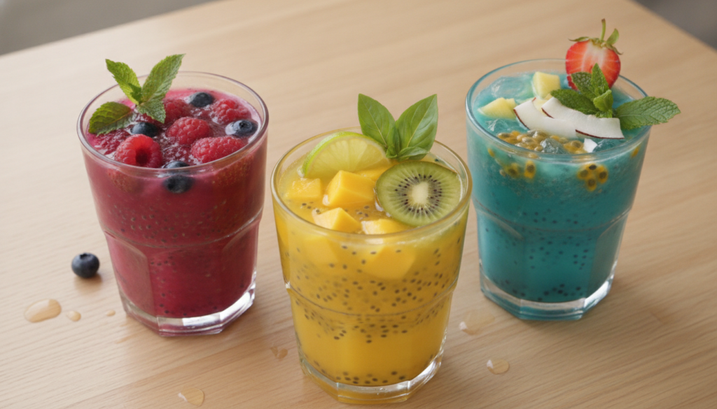 A vibrant array of refreshing vegan drinks possibly infused with fruits herbs and suspended seeds presented in clear gla