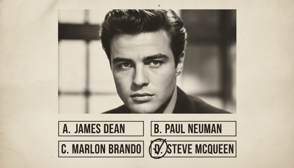 An image of a multiple-choice quiz about a classic Hollywood actor The image should feature a close-up iconic photo of M