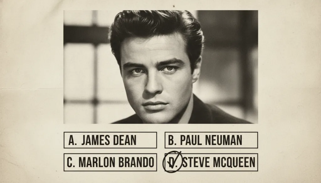 An image of a multiple-choice quiz about a classic Hollywood actor The image should feature a close-up iconic photo of M