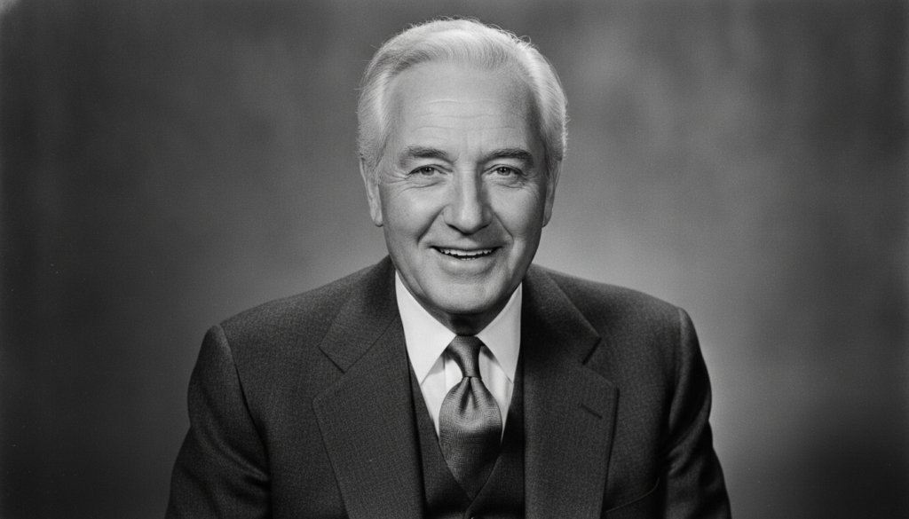 A black and white image of a smiling older man suitable for a celebrity quiz He has short hair and is wearing a suit and