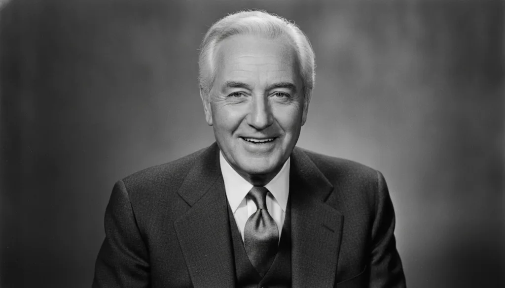 A black and white image of a smiling older man suitable for a celebrity quiz He has short hair and is wearing a suit and