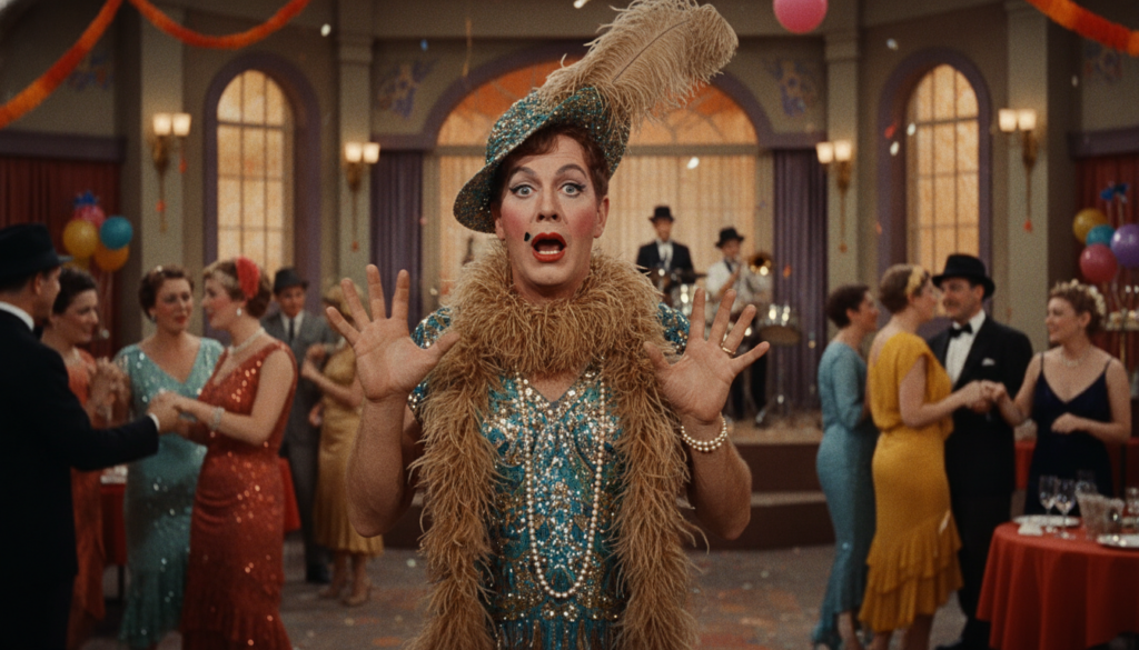 Jack Lemmon in one of his famous roles perhaps from Some Like It Hot looking comedic and expressive