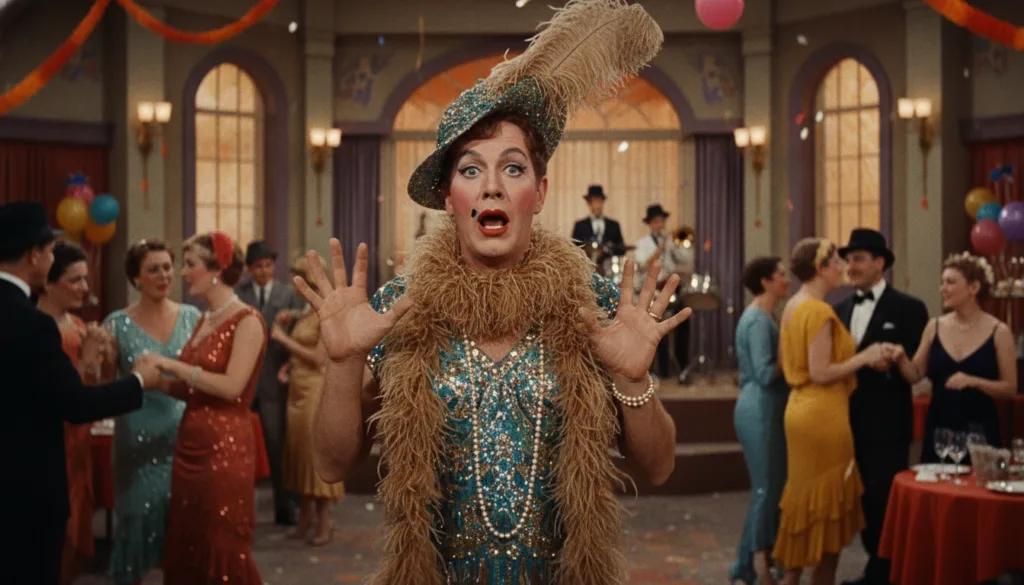 Jack Lemmon in one of his famous roles perhaps from Some Like It Hot looking comedic and expressive