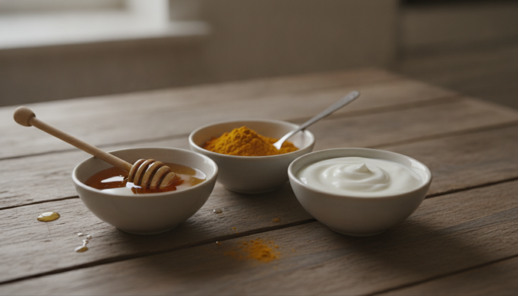 A close-up shot of natural ingredients like honey turmeric powder and plain yogurt in small bowls arranged on a rustic w
