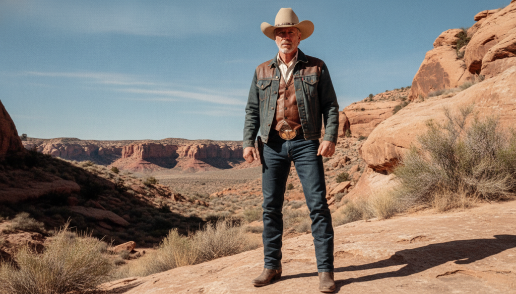 Chuck Norris as Cordell Walker in a scene from Walker Texas Ranger wearing his signature hat and Western attire looking 