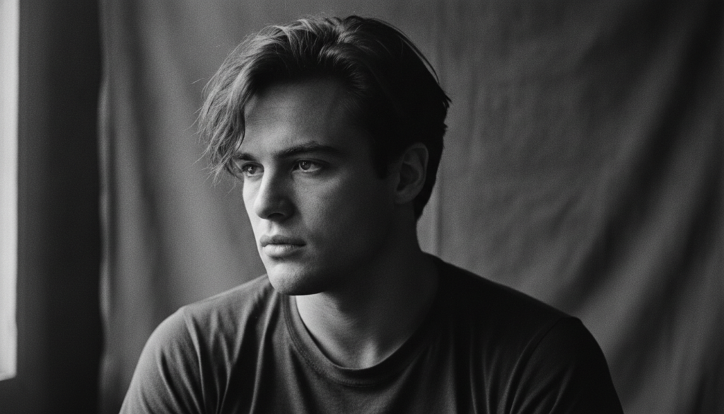 A black and white close-up portrait of a young Marlon Brando looking intensely off-camera as if from a classic Hollywood