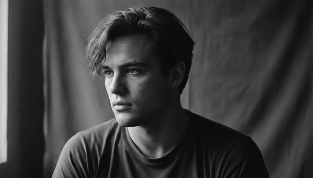 A black and white close-up portrait of a young Marlon Brando looking intensely off-camera as if from a classic Hollywood
