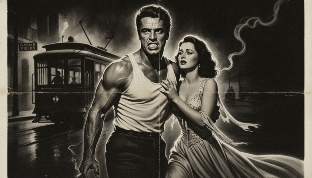 A movie poster for A Streetcar Named Desire featuring Marlon Brando and Vivien Leigh