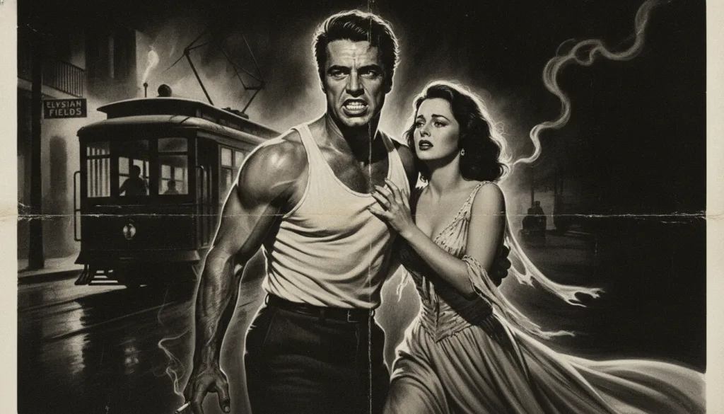 A movie poster for A Streetcar Named Desire featuring Marlon Brando and Vivien Leigh